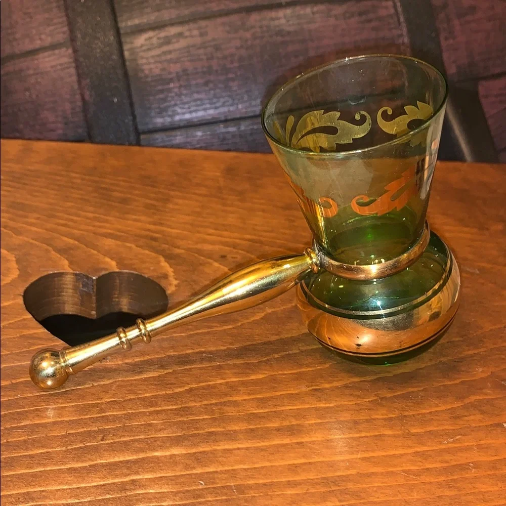 Vintage Bohemian Green Gold Glass Turkish Coffee Goblet Decanter Brass Handle